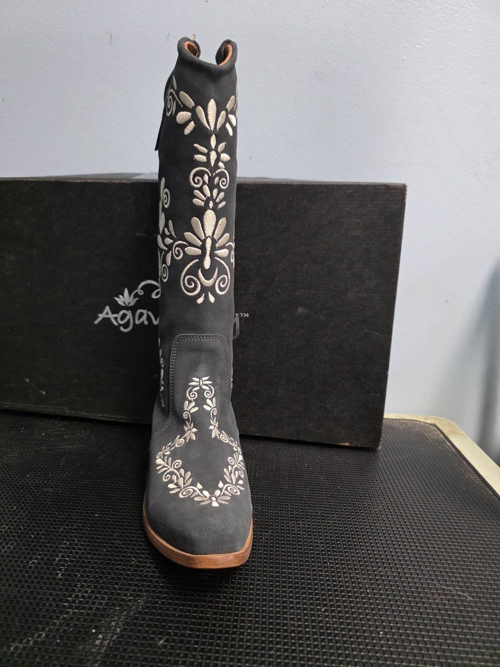 Agave Black Western Knee-High Boot with Cream Embroidery